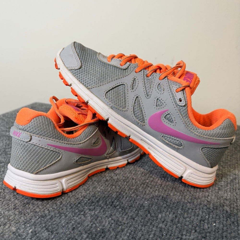 Nike Unisex Kids Mesh Lace-Up Sneakers Gray/Orange/Purple US 7 EU 38